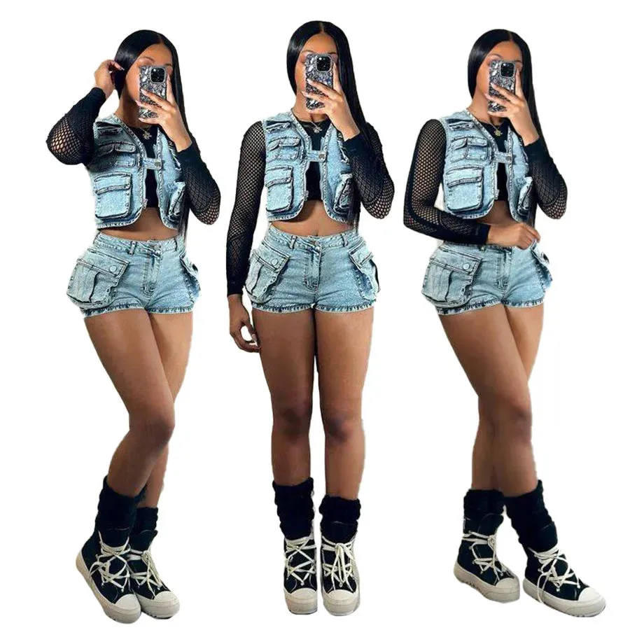 2024 summer women clothing boutique S-2XL lounge wear denim jeans two piece shorts set