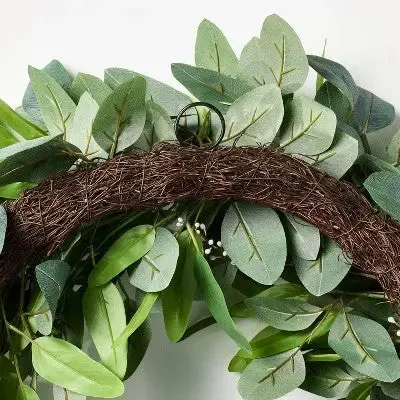 26" Eucalyptus Wreath with Ribbon Green - Artificial, Indoor Use, Unlit -