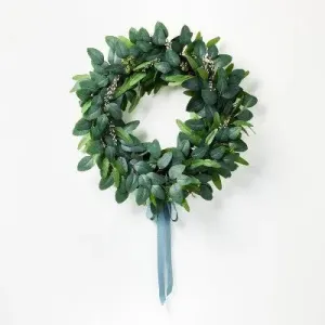 26" Eucalyptus Wreath with Ribbon Green - Artificial, Indoor Use, Unlit -