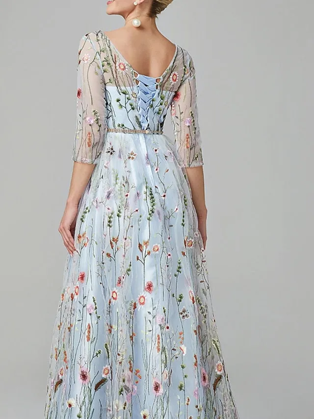 A-Line Prom Dresses Floral Dress Wedding Guest Tea Length Half Sleeve Jewel Neck Lace with Embroidery Appliques 2023