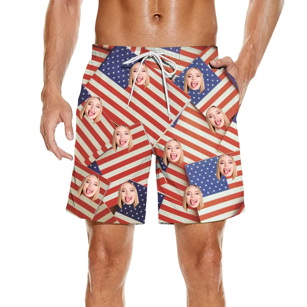 American Flag Print Custom Men's Beach Shorts Pocket Shorts Elastic Waist