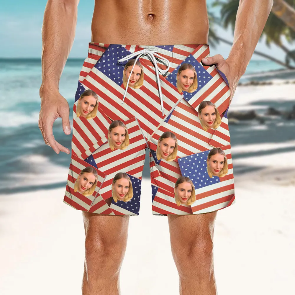 American Flag Print Custom Men's Beach Shorts Pocket Shorts Elastic Waist