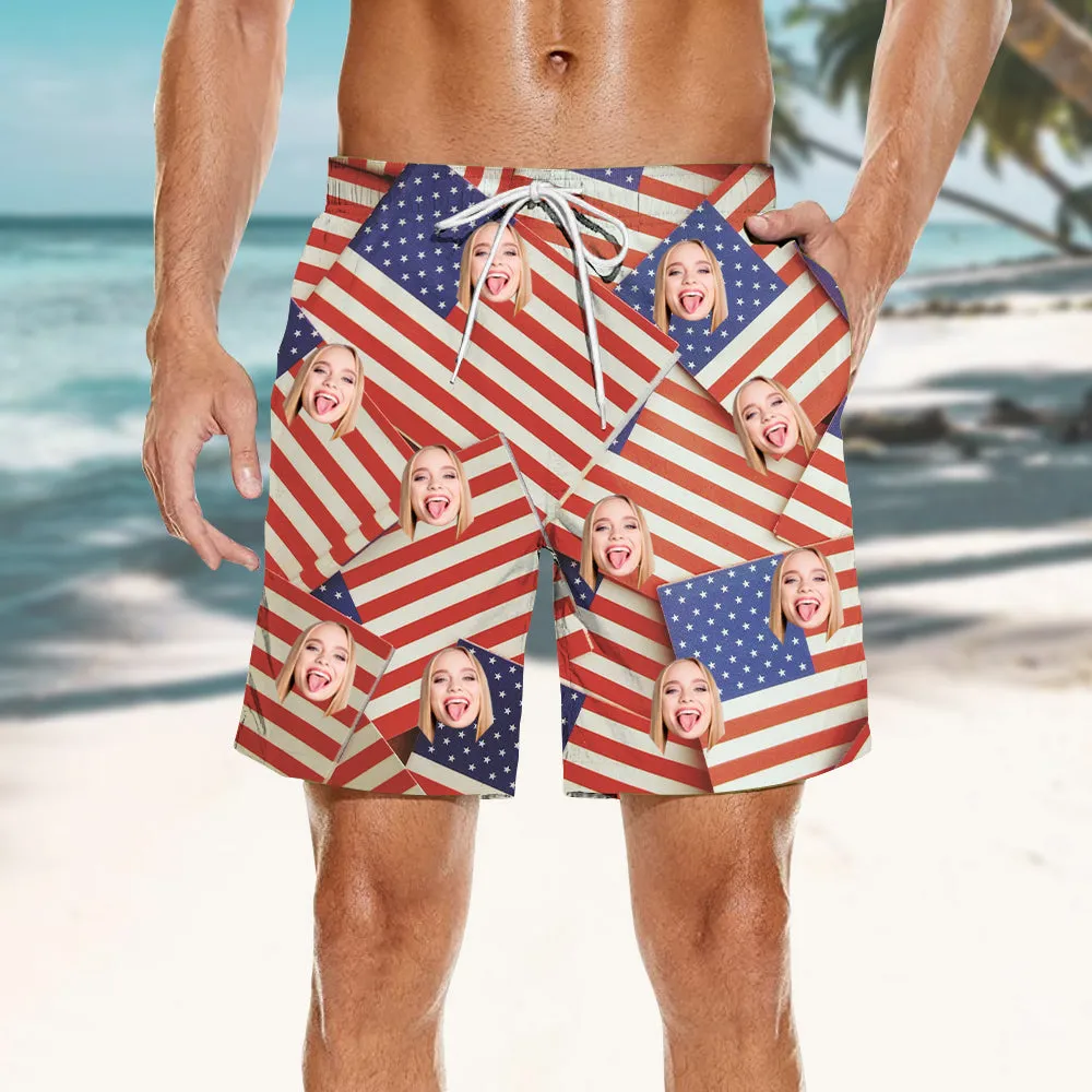 American Flag Print Custom Men's Beach Shorts Pocket Shorts Elastic Waist