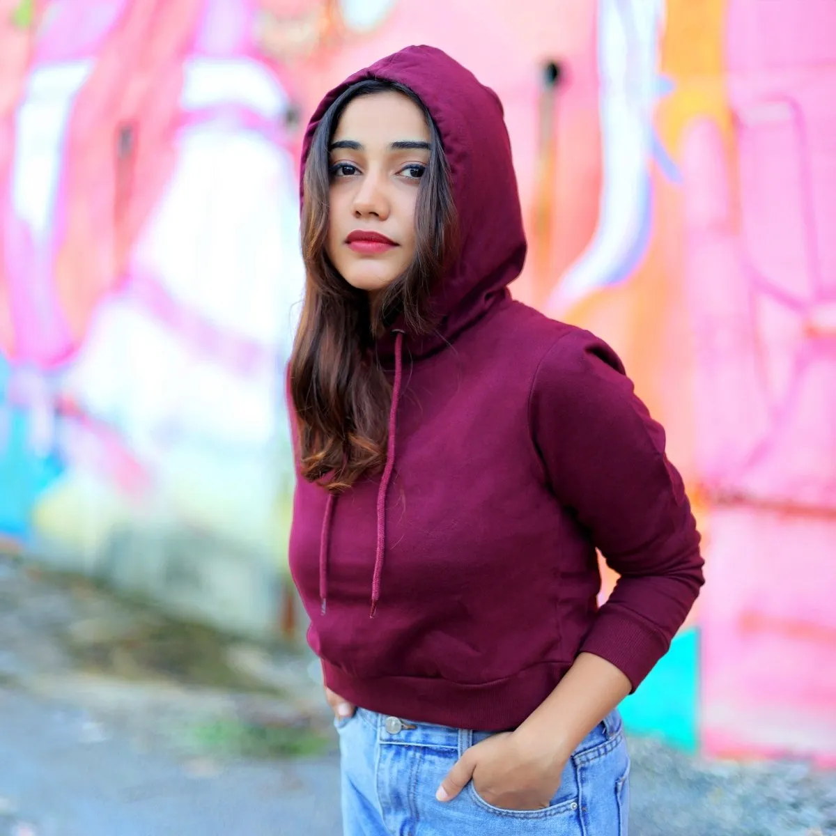 Burgundy Crop Hoodie - Regular Fit - Plain