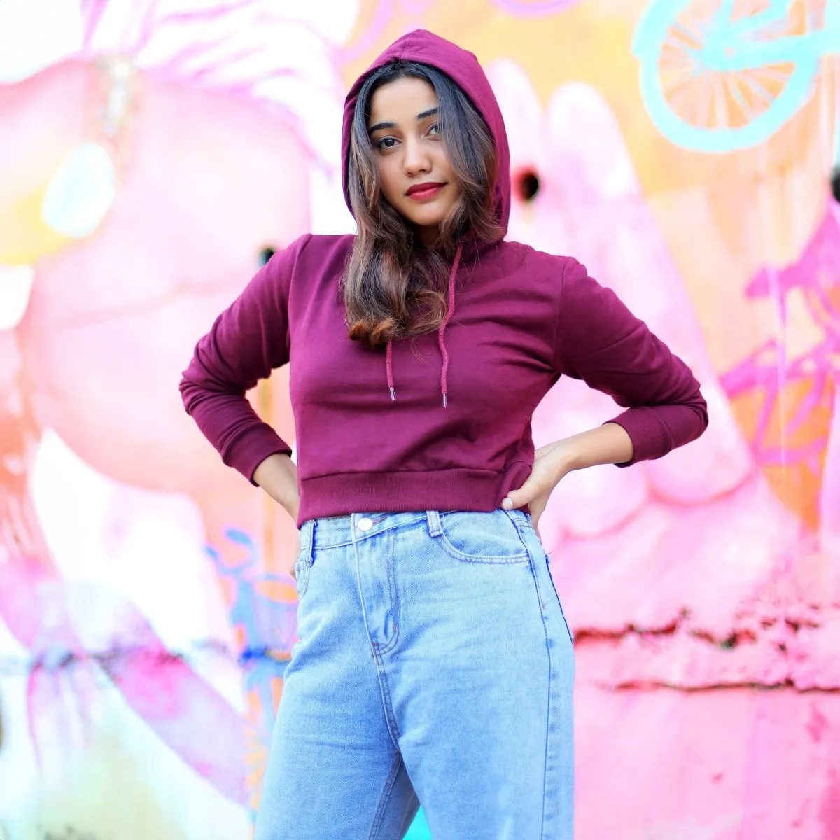 Burgundy Crop Hoodie - Regular Fit - Plain