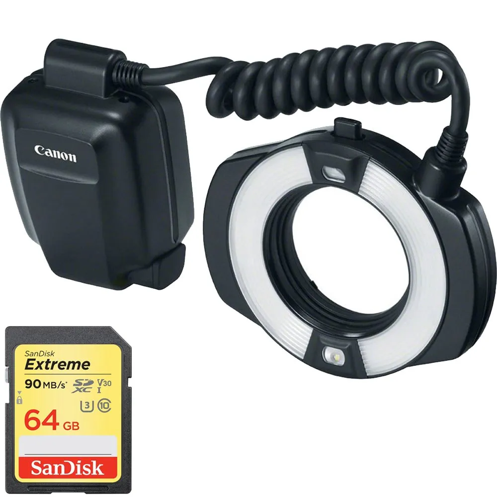 Canon Macro Ring Lite MR-14EX II Flash (9389B002)   Sandisk 64GB Extreme SD Memory Card UHS-I Bundle