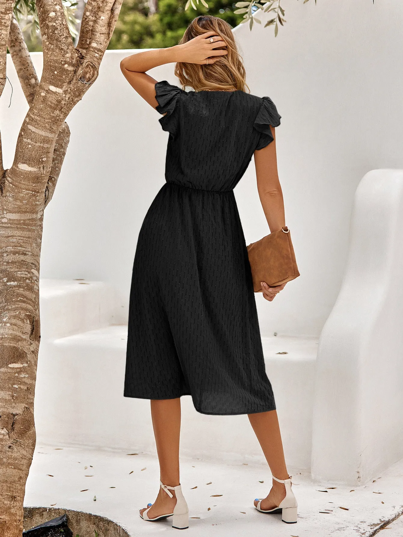 Casual Solid Colour V-Neck Waist Midi Dresses