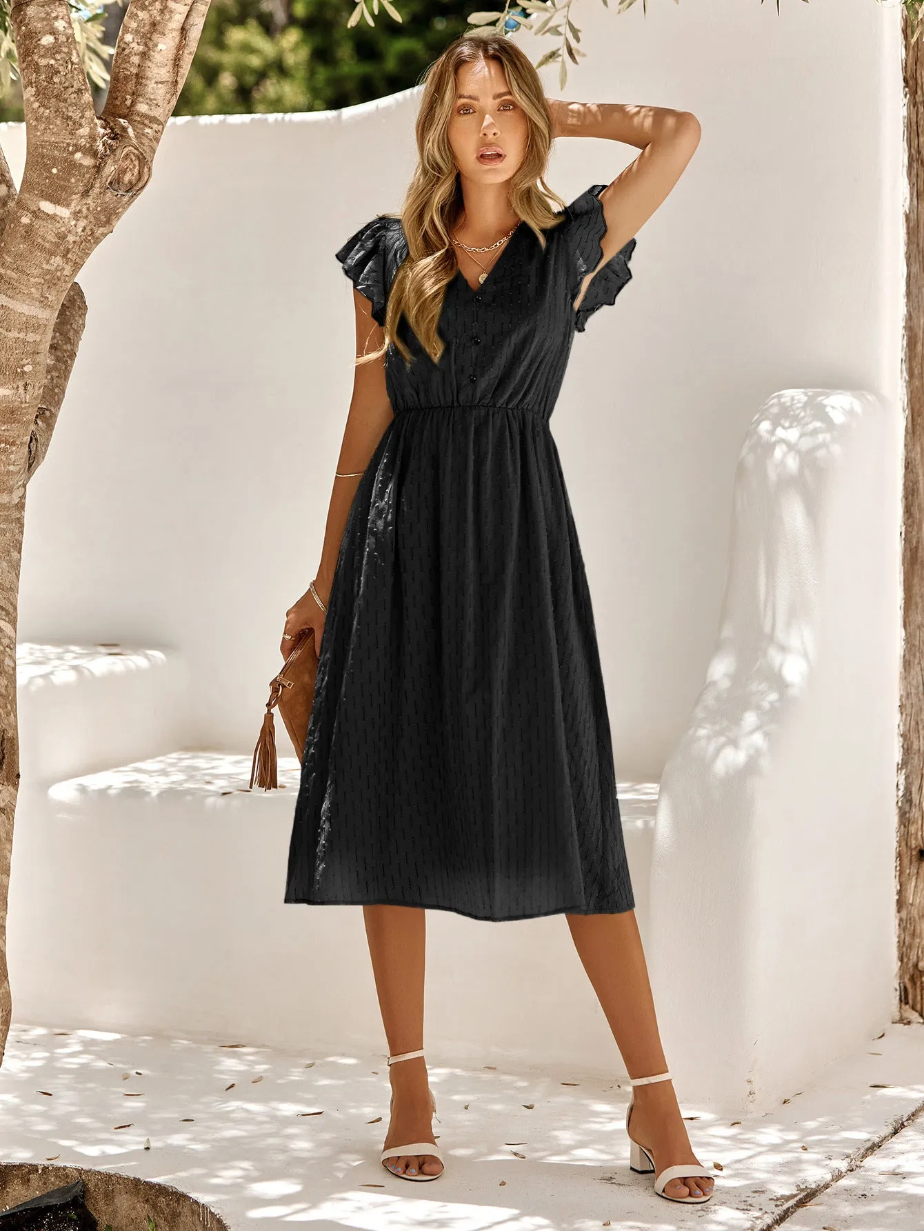 Casual Solid Colour V-Neck Waist Midi Dresses