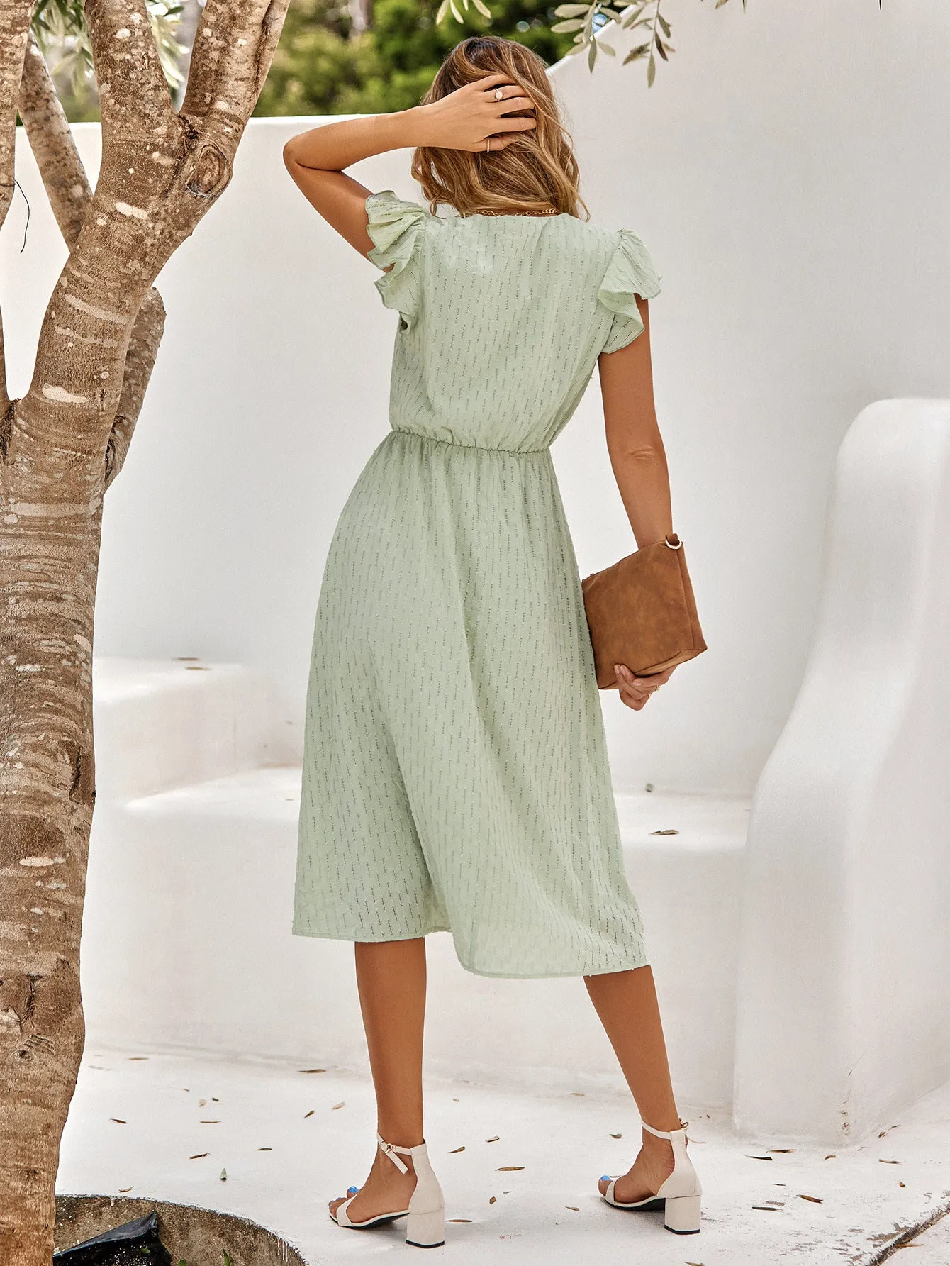 Casual Solid Colour V-Neck Waist Midi Dresses