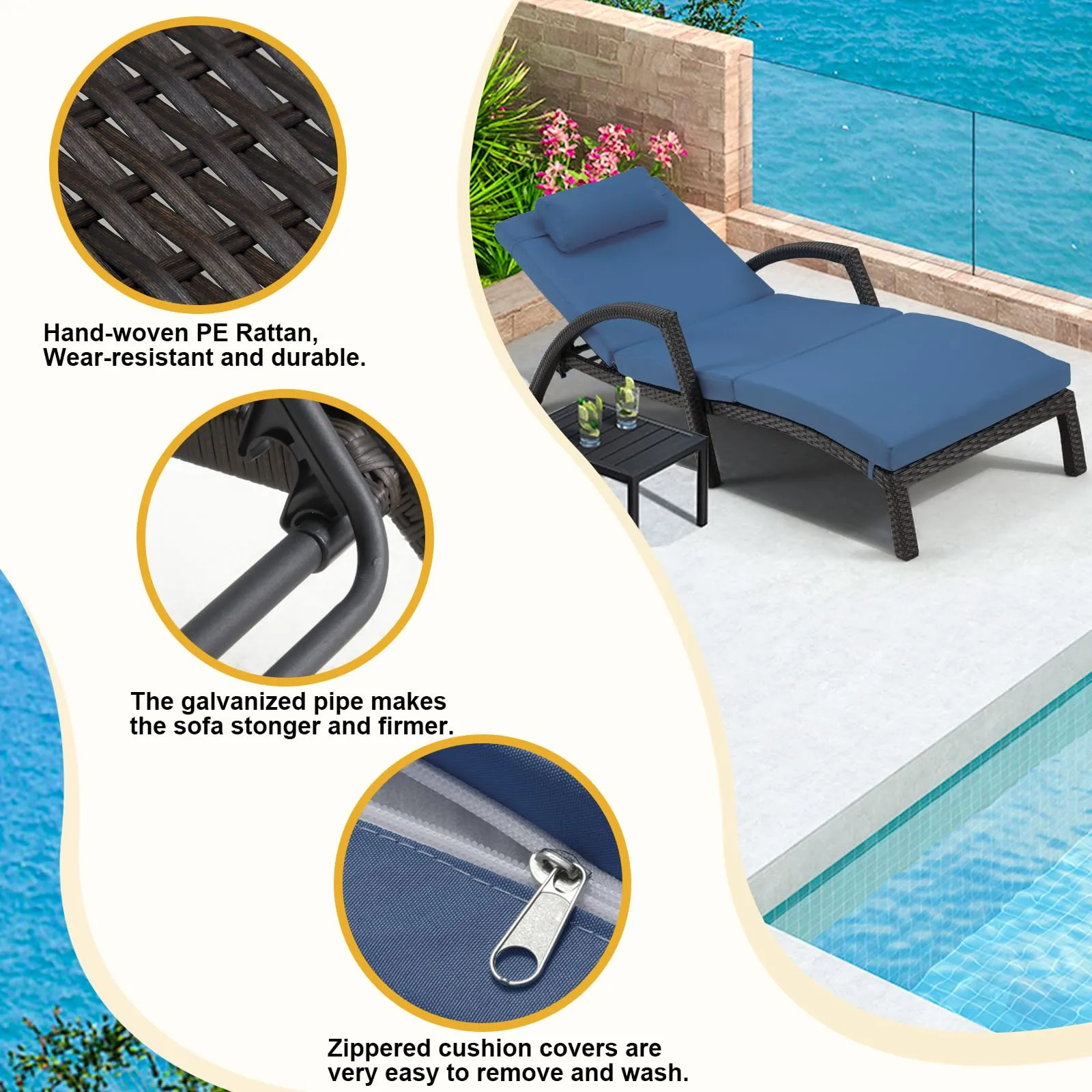 Chaise Lounge Chairs for Outside, PE Rattan Wicker Patio Pool Lounge Chair with Arm, Cushion for Poolside Beach (6 Pcs Dark Blue)