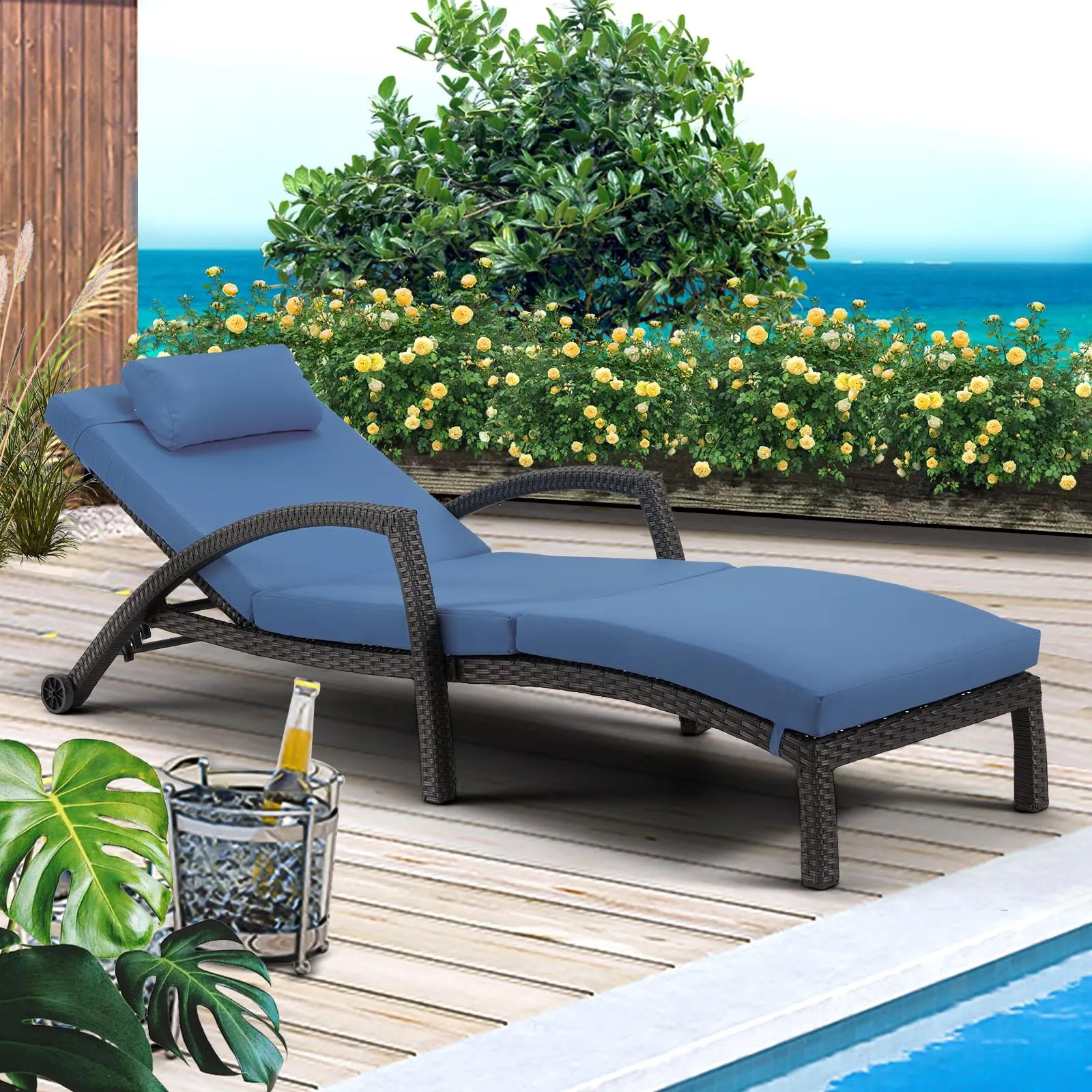 Chaise Lounge Chairs for Outside, PE Rattan Wicker Patio Pool Lounge Chair with Arm, Cushion for Poolside Beach (6 Pcs Dark Blue)