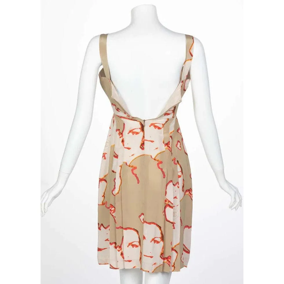 CHANEL Taupe Silk Sleeveless Faces Print Dress Collectors Spring 2000 | 34 FR - XS