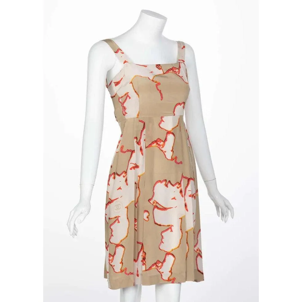 CHANEL Taupe Silk Sleeveless Faces Print Dress Collectors Spring 2000 | 34 FR - XS