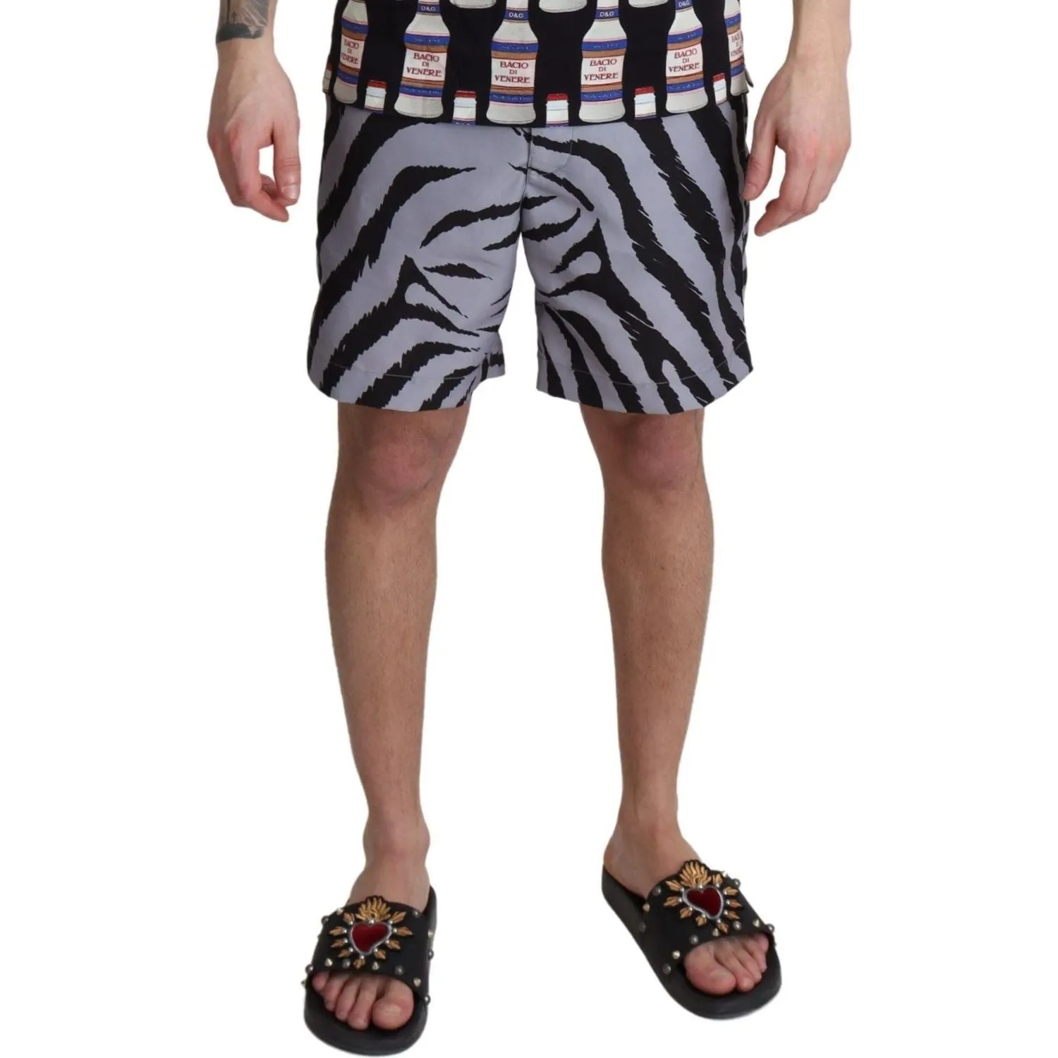 Dolce & Gabbana Elegant Gray Zebra Print Swim Trunks