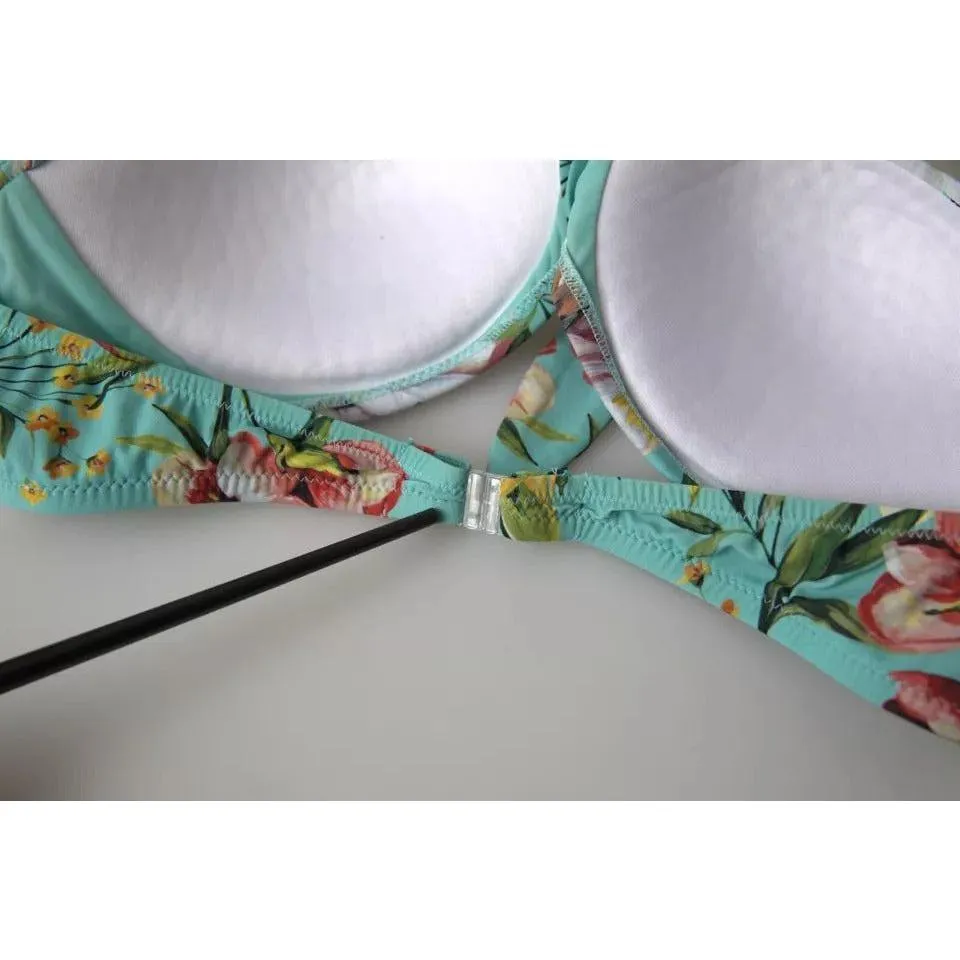 Dolce & Gabbana Mint Green Floral Print Beachwear Bikini Top