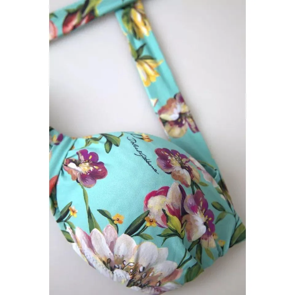 Dolce & Gabbana Mint Green Floral Print Beachwear Bikini Top