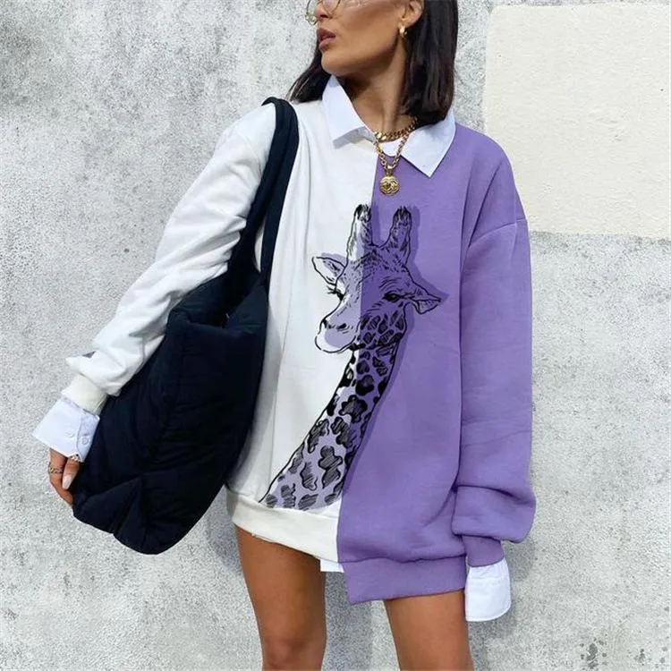 Fashion printed irregular bottoming long-sleeved round neck sweater