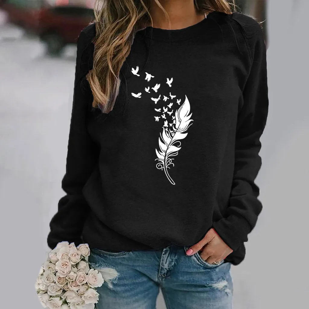 Feather fun pattern printed long-sleeved round neck sweater