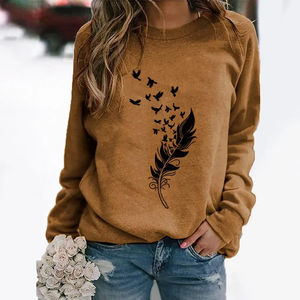 Feather fun pattern printed long-sleeved round neck sweater