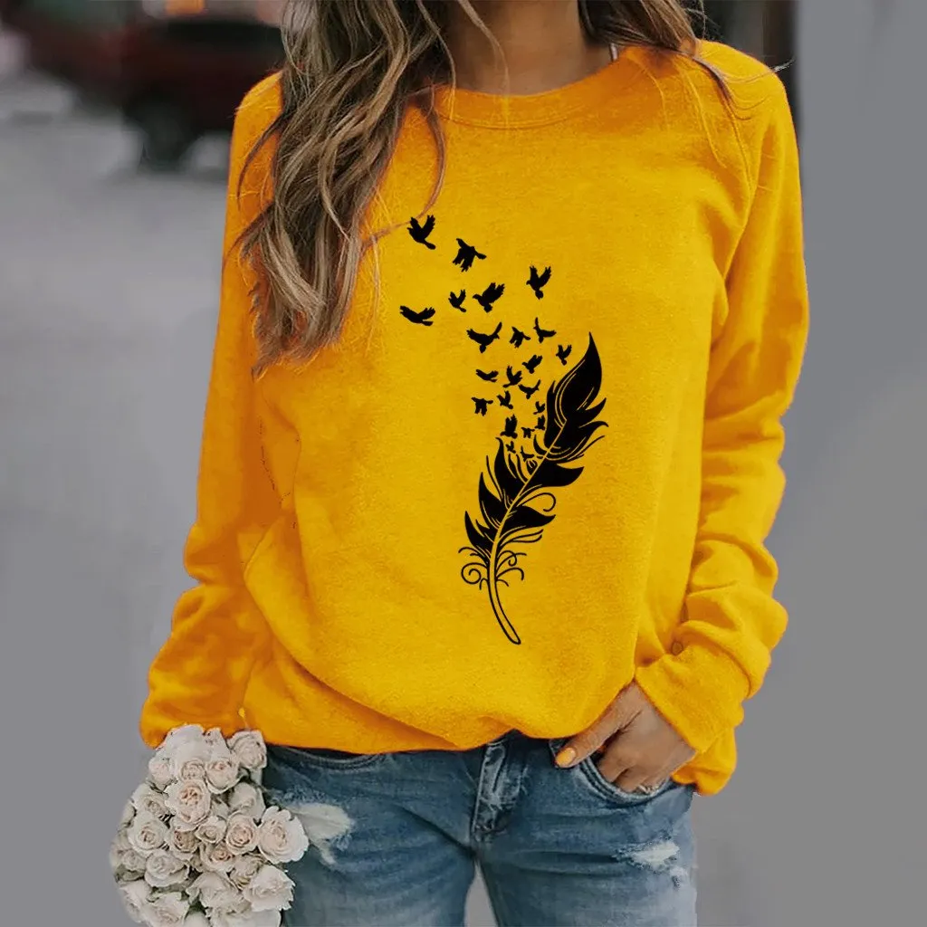 Feather fun pattern printed long-sleeved round neck sweater