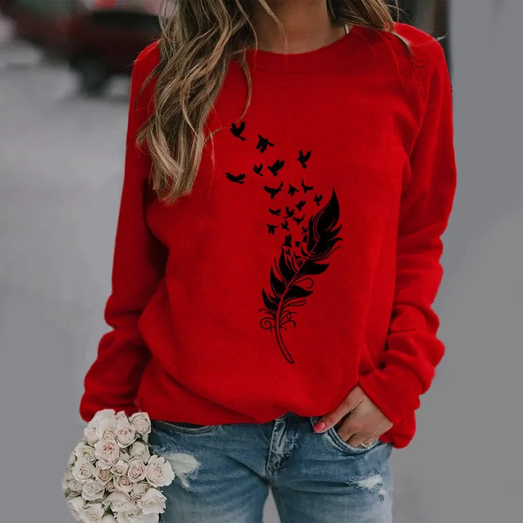 Feather fun pattern printed long-sleeved round neck sweater