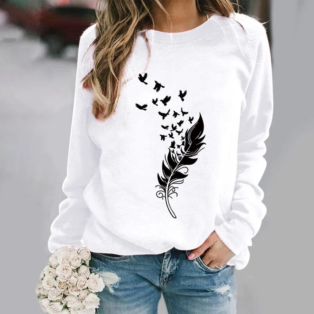 Feather fun pattern printed long-sleeved round neck sweater