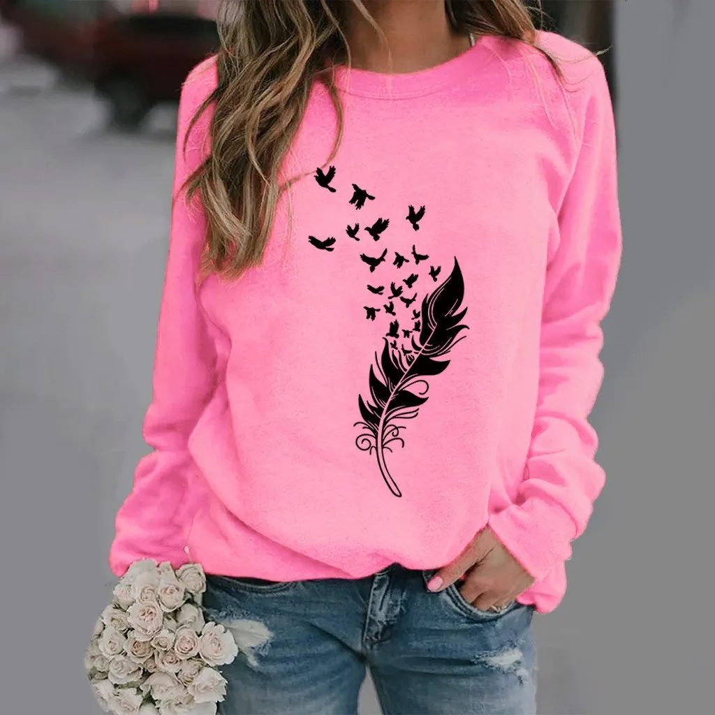 Feather fun pattern printed long-sleeved round neck sweater