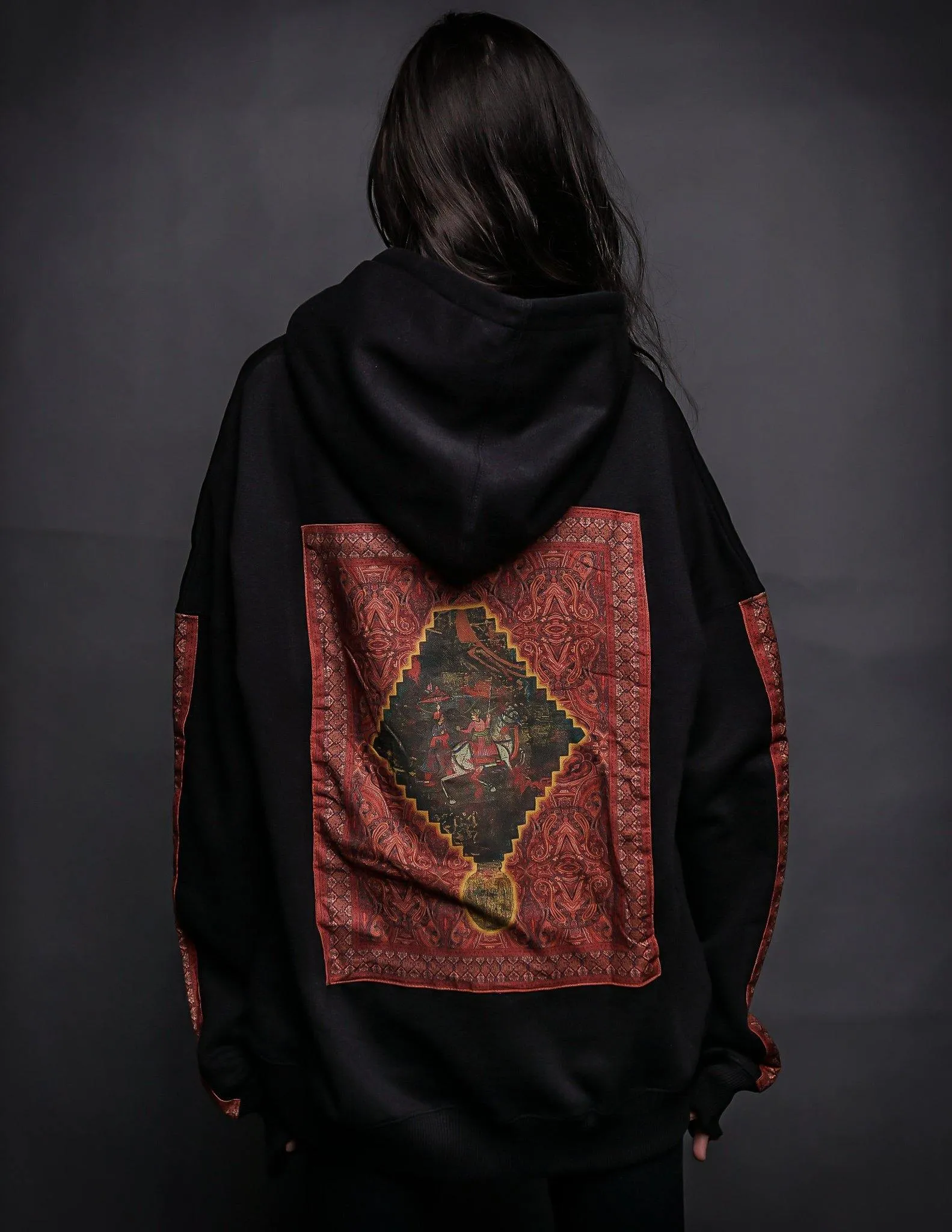 Hand Crafted Unisex Matte Black Mughal Horseback Hoodie