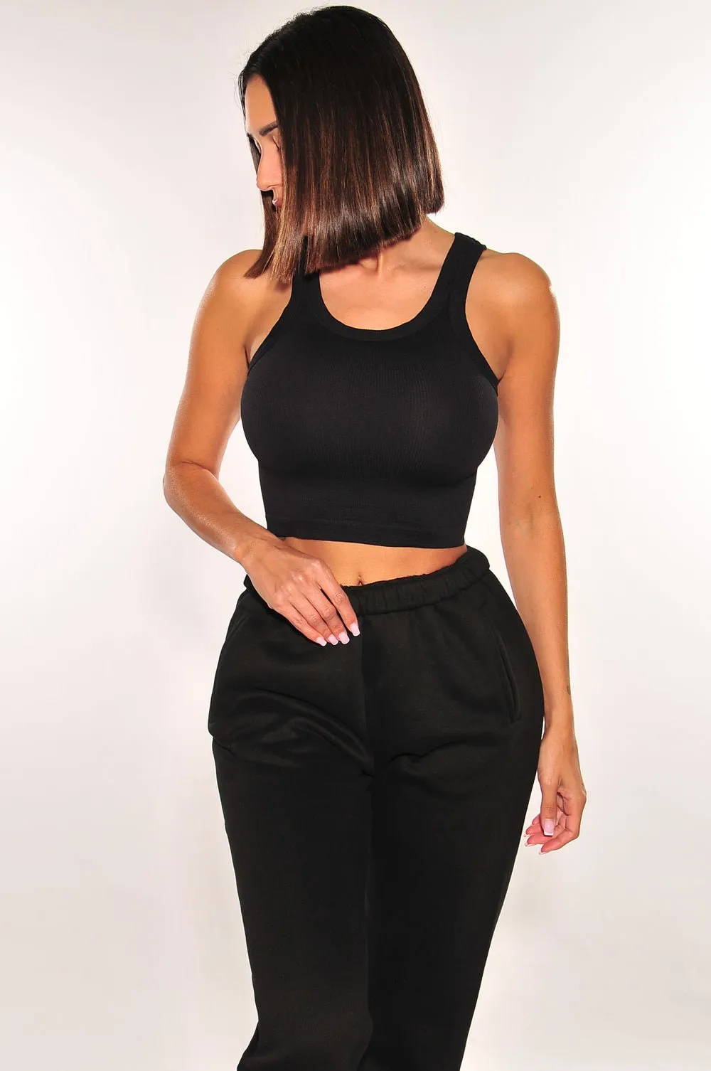 HMS ESSENTIAL: Black Ribbed Seamless Sleeveless Crop Top