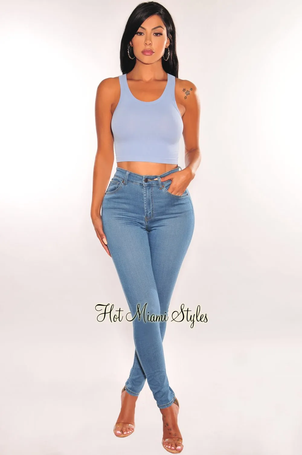 HMS ESSENTIAL: Dusty Blue Ribbed Seamless Sleeveless Crop Top