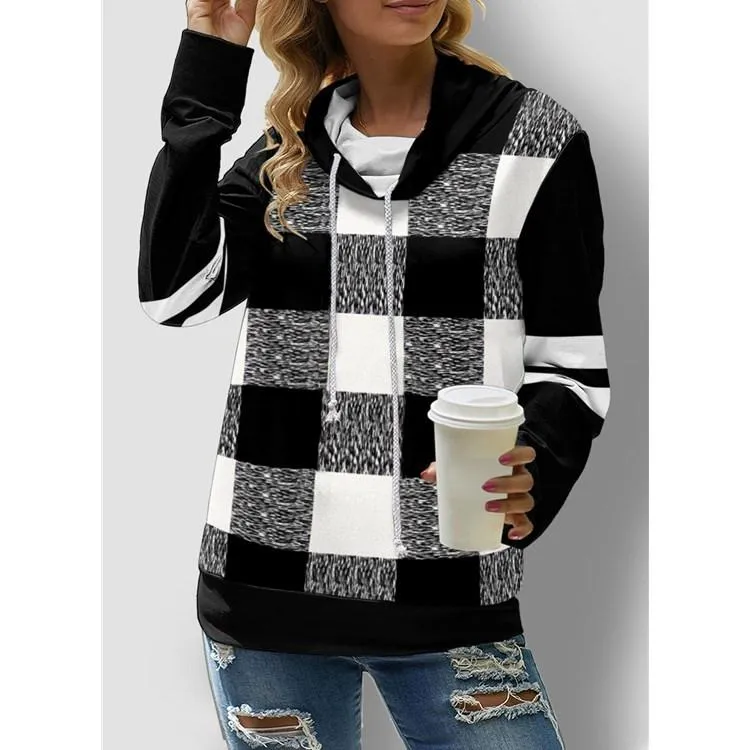 Ladies Plaid Printed Long Sleeve Drawstring Turtleneck Sweatshirt