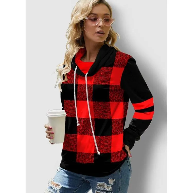 Ladies Plaid Printed Long Sleeve Drawstring Turtleneck Sweatshirt