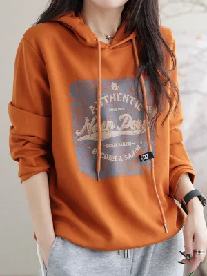 Long Sleeves Loose Drawstring Printed Hoodies Tops