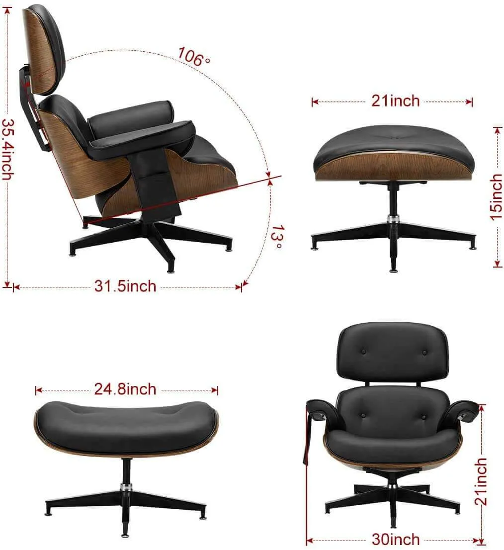 Lounge Chair with Ottoman, Mid Century Modern Lounge Chair, Faux Leather Lounge Chair with Light Vibration Massage Function and Storage Bag（Black)