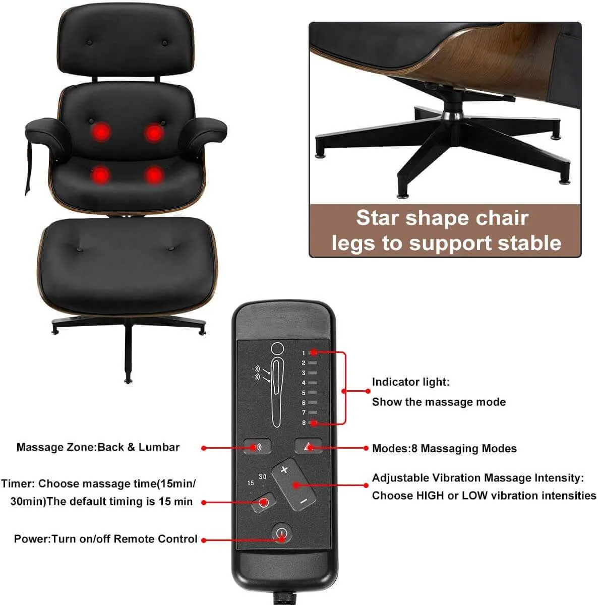 Lounge Chair with Ottoman, Mid Century Modern Lounge Chair, Faux Leather Lounge Chair with Light Vibration Massage Function and Storage Bag（Black)