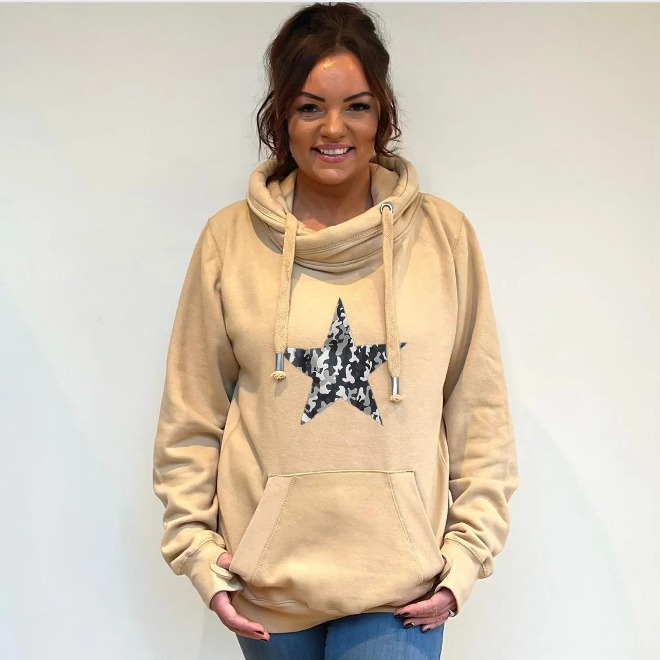 Luxury Cowl Neck Silver Camo Star Hoodie - Latte