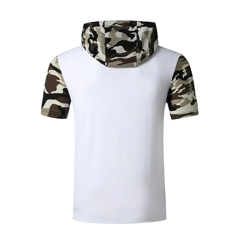 Men Short Sleeves Camo Pockets Drawstring Hoody T-Shirt