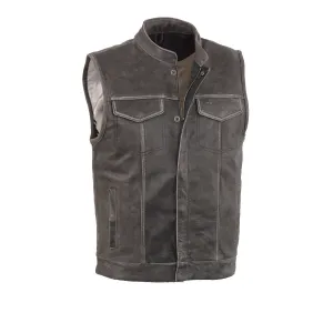 Men's Distressed Grey Motorcyle Son Of Anarchy Style Leather Vest W/Gun Pockets