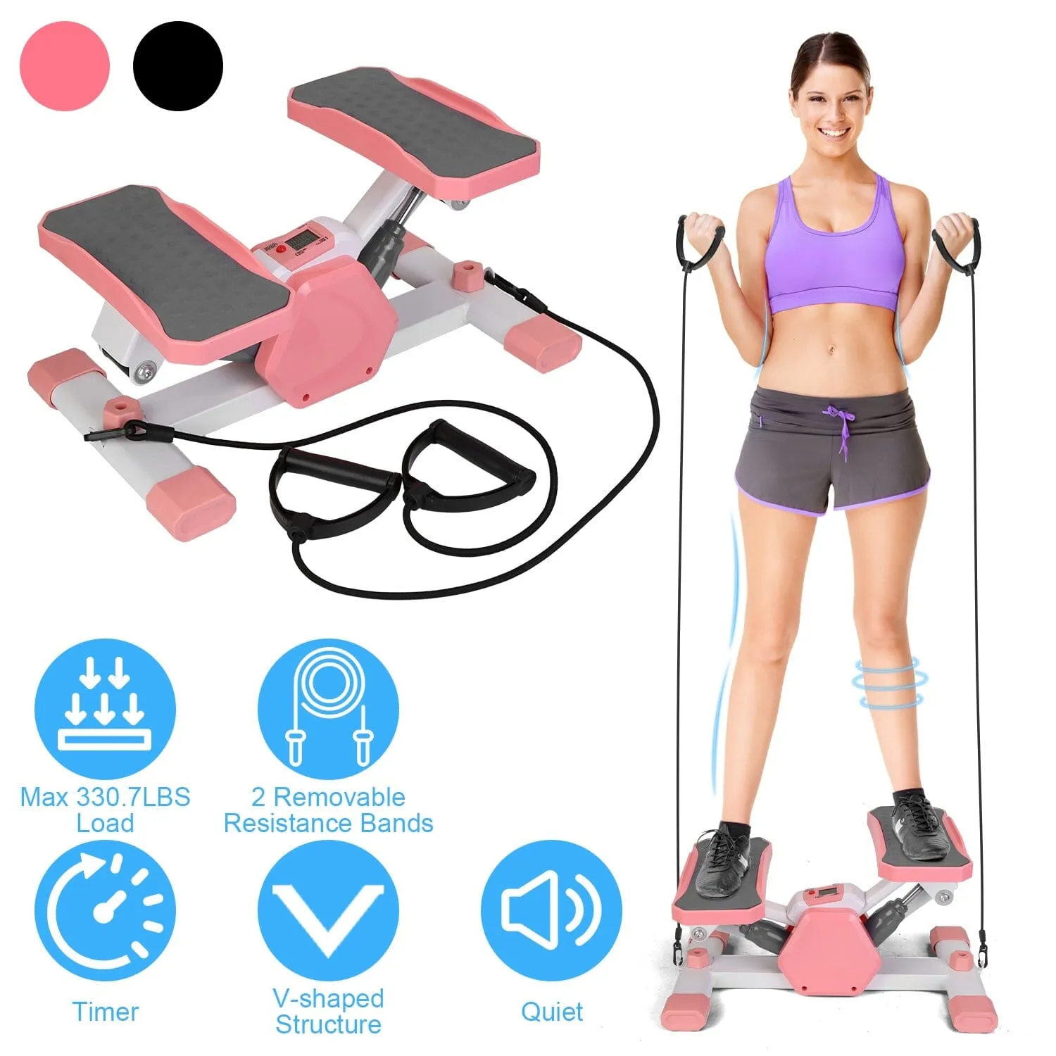 Mini Stepper Stair Stepper with Resistance Bands Quiet Workout with Digital Timer