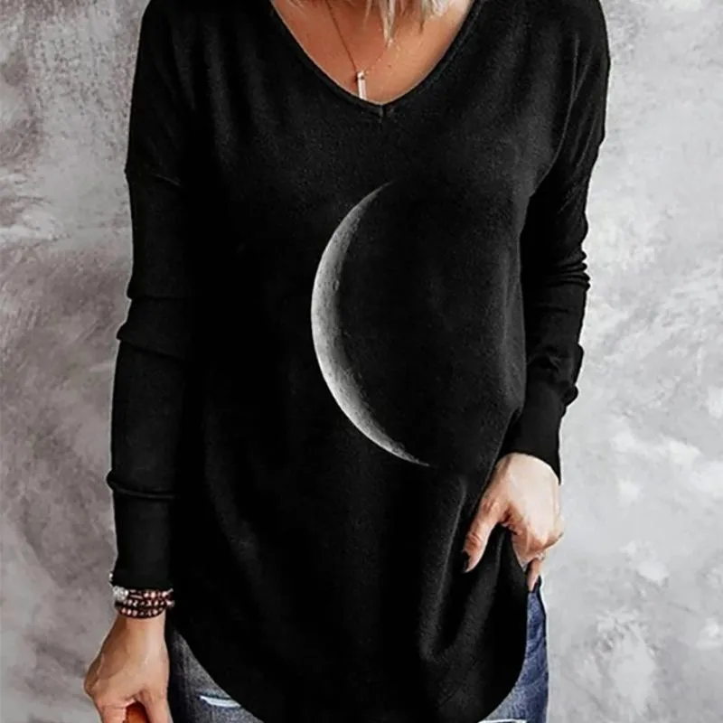 Moon print round neck loose long-sleeved T-shirt sweater women