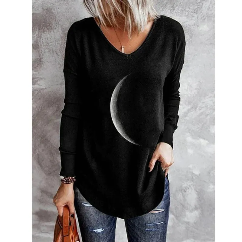 Moon print round neck loose long-sleeved T-shirt sweater women