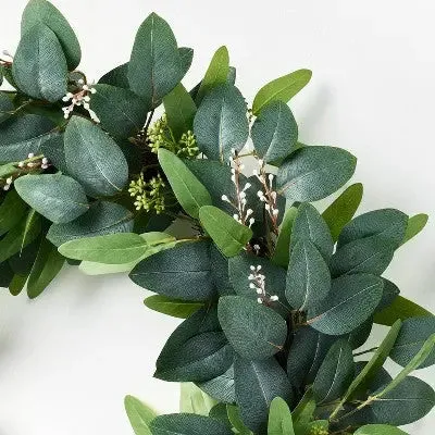 New - 26" Eucalyptus Wreath with Ribbon Green - Artificial, Indoor Use, Unlit - Threshold designed with Studio McGee