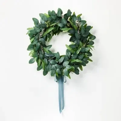 New - 26" Eucalyptus Wreath with Ribbon Green - Artificial, Indoor Use, Unlit - Threshold designed with Studio McGee