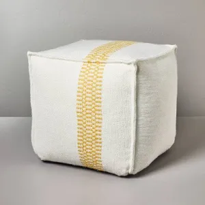 New - Checkered Stripe Indoor/Outdoor Ottoman Pouf Cream/Gold - Hearth & Hand with Magnolia