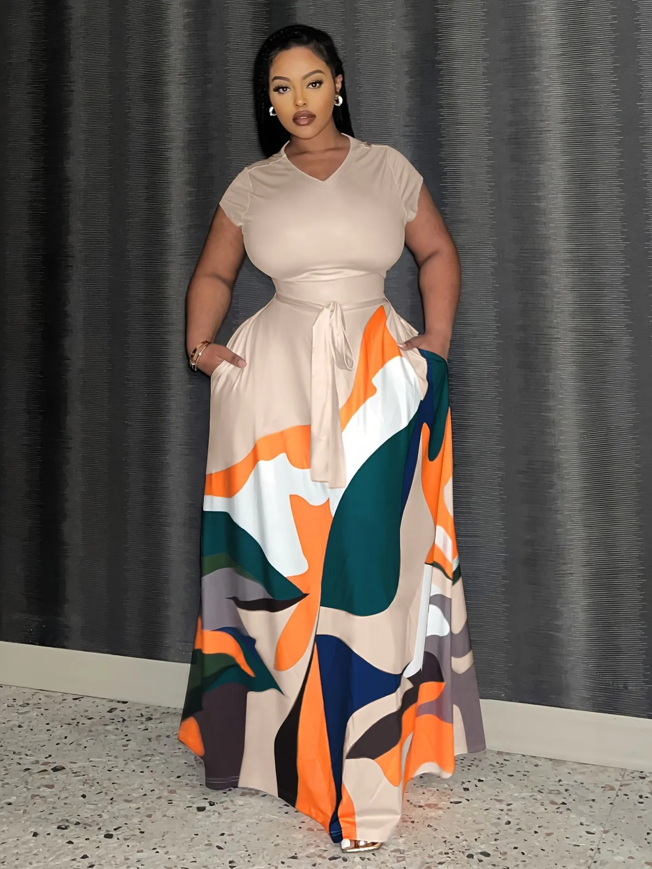 Plus Size Geometric Color Block Print Dress