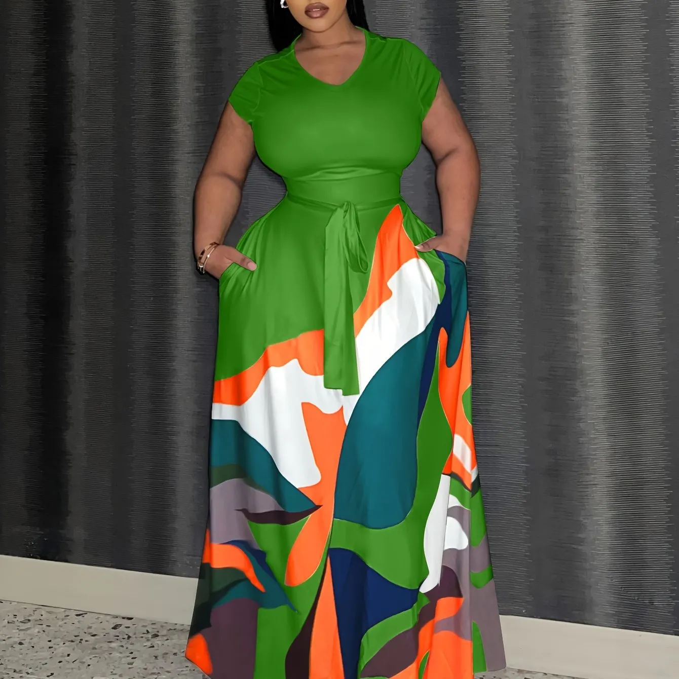 Plus Size Geometric Color Block Print Dress