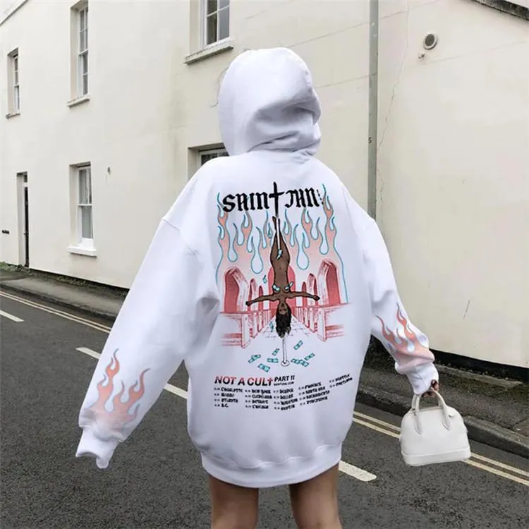 Printed Hooded Long Sleeve Pullover Loose Base Sweatshirt