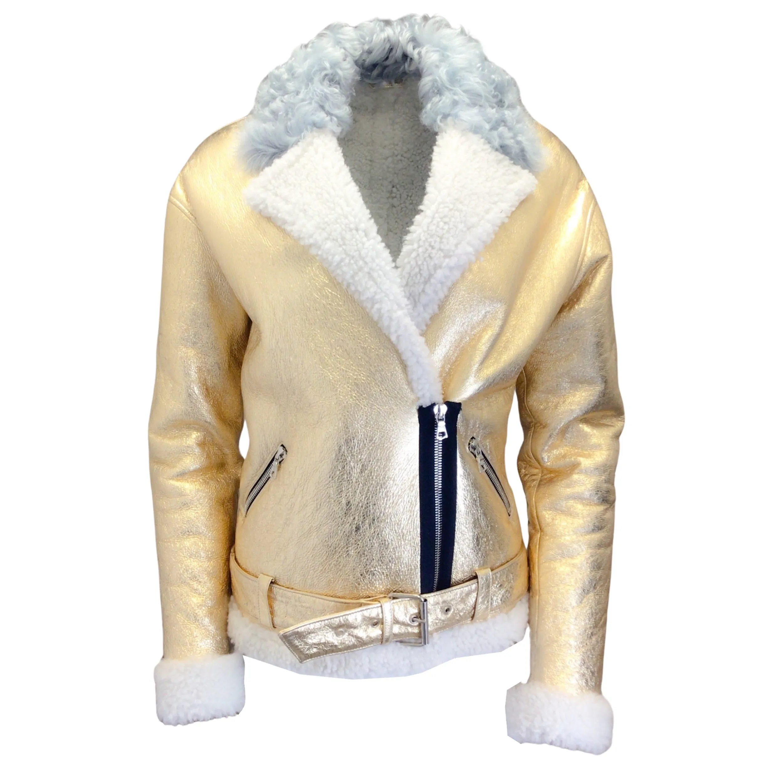 Sandy Liang Gold Metallic Lamb Shearling Moto Zip Biker Jacket