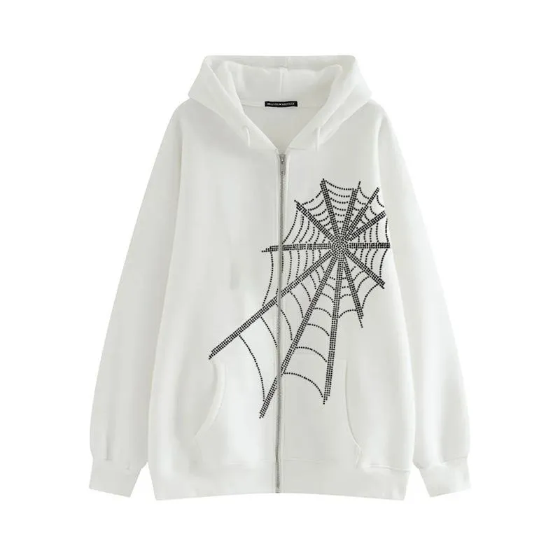 Spider web pierced hot retro casual long-sleeved zipper hoodie