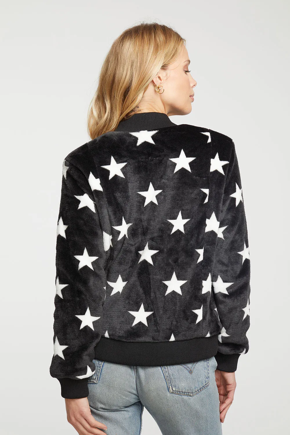 Star Faux Fur Long Sleeve Bomber Jacket